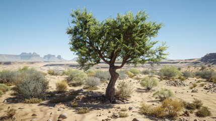 Fototapeta premium Solitary Ironwood Tree in Arid Desert Landscape with Distant Rock Formations
