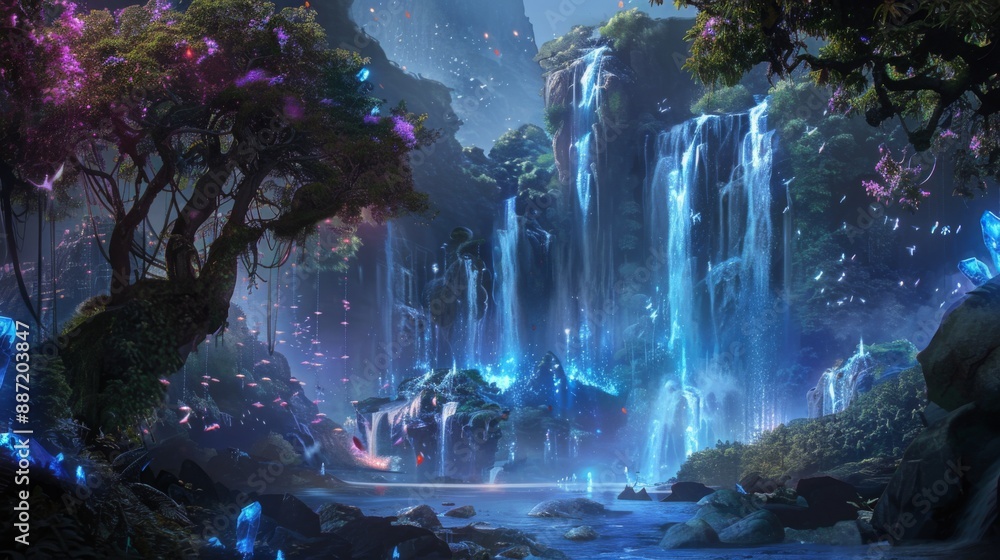 Poster a magical forest with a towering waterfall surrounded by glowing flora and fauna.