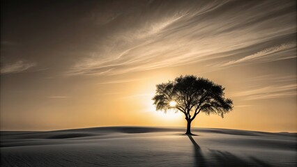 Solitary tree silhouette in a minimalist monochrome desert landscape at sunset , solitude, desert, minimalist - Powered by Adobe