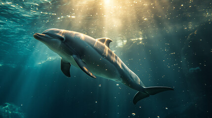 Obraz premium A dolphin swimming gracefully underwater. The dolphin is illuminated by sunlight filtering through the water's surface, creating a radiant glow