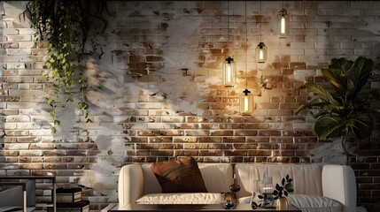 Lamp and home decor on brick wall background. 