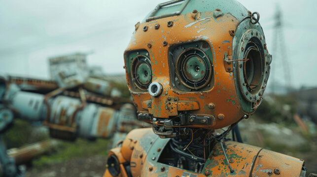Rusty Orange Robot in a Post-Apocalyptic Junkyard
