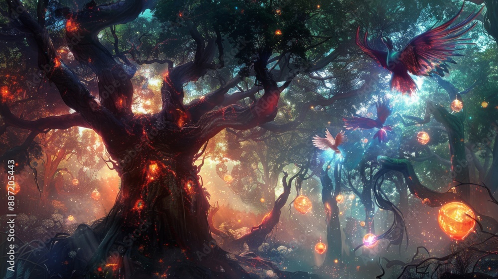 Aufkleber a fantasy forest with glowing lights and birds flying in the air. the central tree has a large trunk