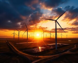 4K drone soaring over a renewable energy farm, wind turbines and solar panels harmonizing with natures majesty