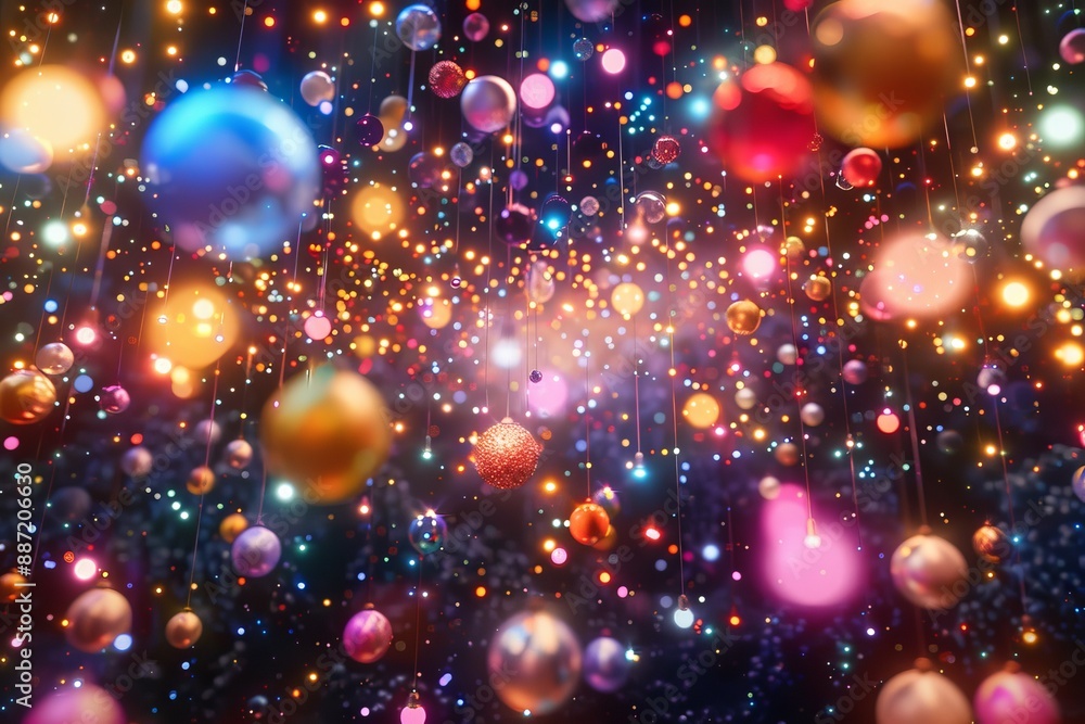 Poster glowing neon bubbles with vibrant colors and abstract patterns in a digital surreal scene.