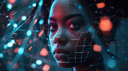A woman's face is projected onto a computer screen, surrounded by a colorful. Generate AI image