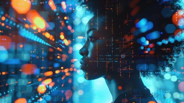 A woman's face is projected onto a computer screen, surrounded by a colorful. Generate AI image