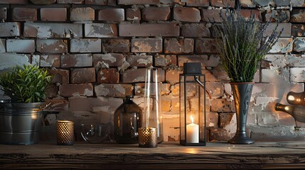 Lamp and home decor on brick wall background. 