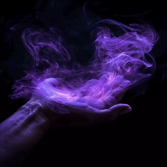 Fototapeta premium Purple Glowing fantasy hand concept. Ethereal magical fantasy wisps of magical glowing neon smoke set against a black background. Very beautiful wizardry