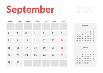Monthly page Calendar Planner Templates of September 2025. Vector layout of simple calendar with week start Monday for print. Page for size A4 or 21x29.7 cm