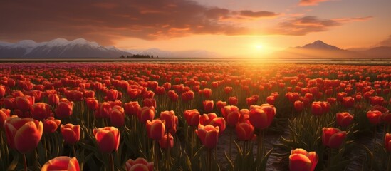 Sunset Over a Field of Tulips