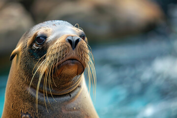 Obraz premium Close-Up Portrait of a Curious Sea Lion with Whiskers in Focus