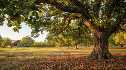 Spacious Pecan Tree in Sprawling Farm Landscape at Sunset in Summer, Ideal for Rural Lifestyle and Nature Photography