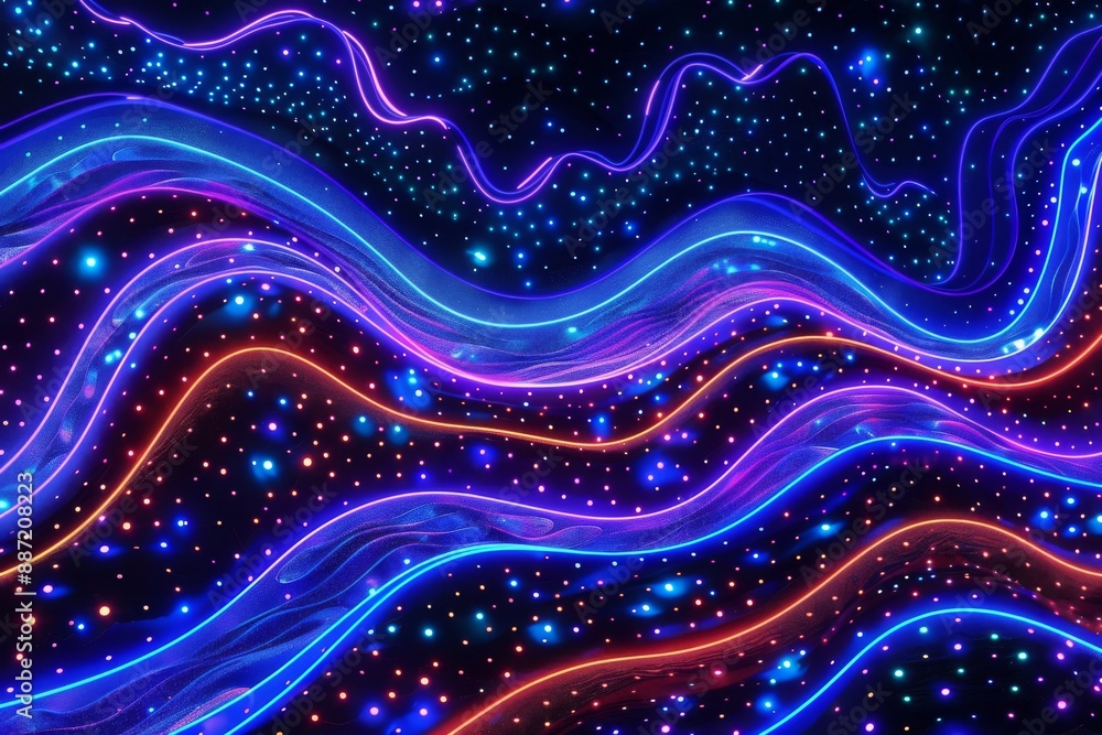 Poster glowing neon waves with vibrant colors and abstract patterns in a digital surreal ocean scene.