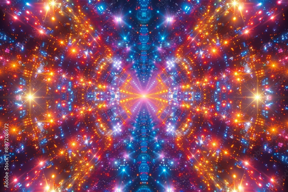 Poster kaleidoscopic neon light pattern with vibrant colors and intricate symmetrical design in a digital a