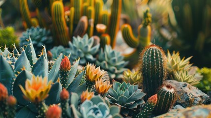 Fototapeta premium Green and cream spiked cacti featured in garden close up