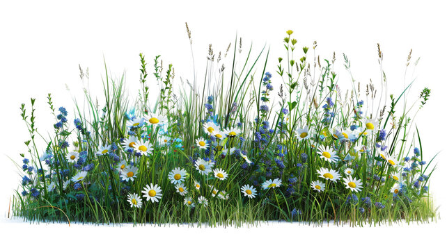 Spring grass and daisy wildflowers isolated with clipping path and alpha channel. PNG format isolated on transparent background.