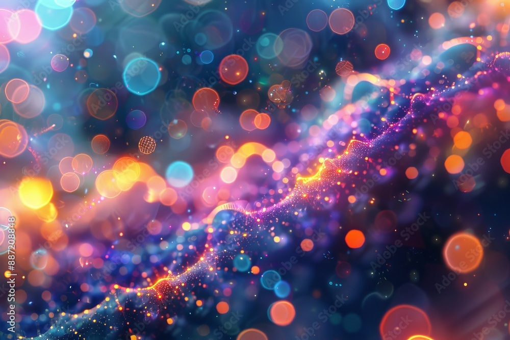 Poster bokeh light pattern with vibrant colors and glowing orbs in a digital abstract style.