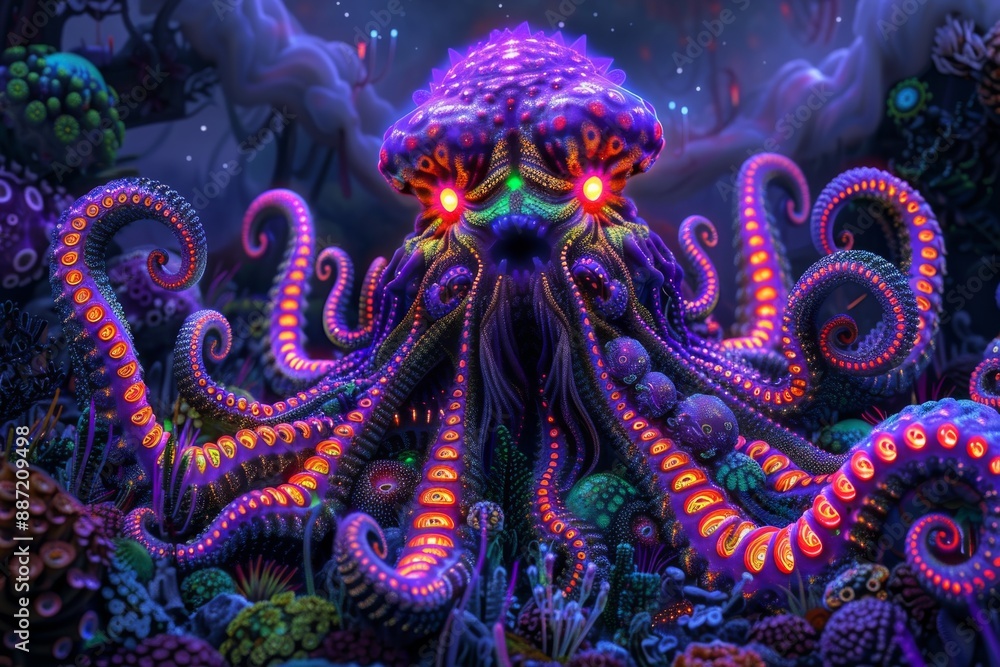 Sticker glowing neon octopus with vibrant colors and intricate patterns in a digital surreal scene.