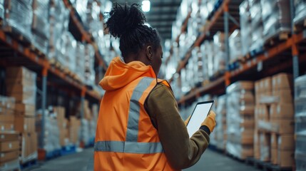 A black woman in her thirties wearing an orange working on warehouse. Generate AI image