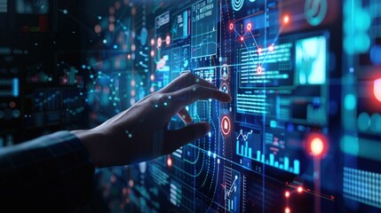 A hand is touching a computer screen with a lot of numbers and graphs. Generate AI image
