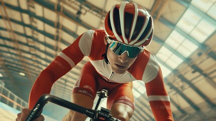 A man in a red and white outfit is riding a bicycle. Generate AI image