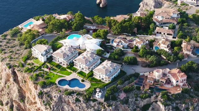 Aerial view of luxurious villa property on Mirador de la Mola cliff, Mallorca