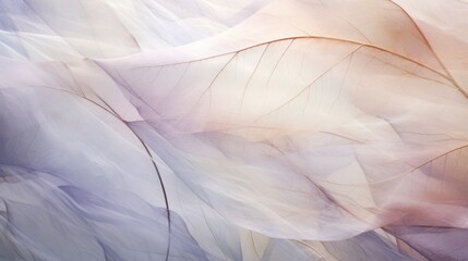 Obraz premium Abstract image of layered, transparent veiling with translucent leaves in soft pastel hues of pink, white, and blue