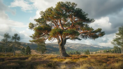 Obraz premium Majestic Scots Pine Tree in Scottish Highlands during Summer, Tree in Scenic Landscape, Nature, Outdoors, High Resolution
