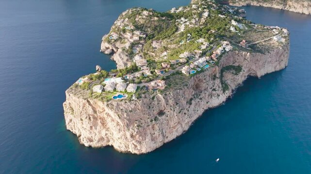 Scenic aerial view of villa property at Mirador de la Mola cliff, Mallorca
