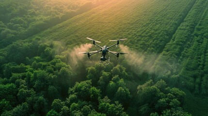 Naklejka premium Precision agriculture - drone fertilizing a field, advanced technology in action, optimizing crop health and productivity, transforming traditional farming methods for the better
