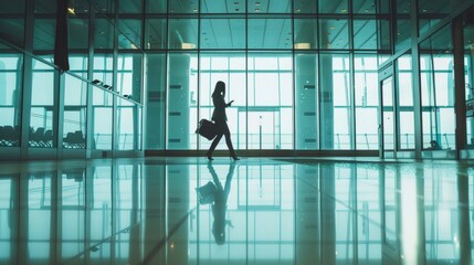 Fototapeta premium hone, airport and walking business woman travel with a flight in a terminal for corporate convention. Luggage, professional and entrepreneur texting on conference trip for global tour or journey