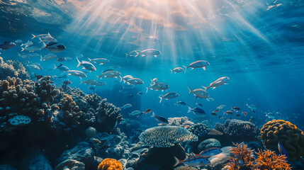 Fototapeta premium School of Shohow fish swimming in the ocean Below is a beautiful coral reef. The water was blue and the sun was shining on schools of Shohow fish.
