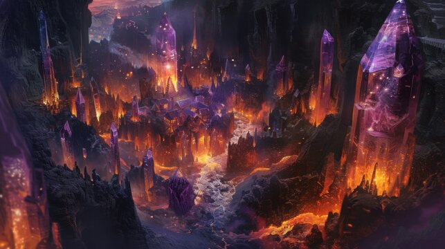 A fiery river flows through a city built from towering crystal spires. The landscape is a mix of volcanic rock and glowing lava.