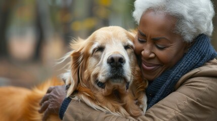 Frank old women with dogs, mature black women holding golden retrievers outside the park. Senior African American women's intimacy with happy pets. The companionship of animals. The frank old lady wit