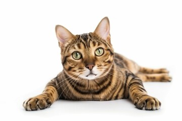 Obraz premium Stunning Bengal Cat with Wide Open Eyes Resting on the Floor in a Serene and Peaceful Moment