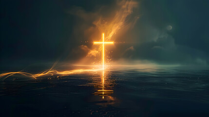 Fototapeta premium Radiant glowing cross illuminates serene water under dark sky symbolizing hope, spirituality, and divine presence. Ideal for religious, inspirational, and spiritual content.