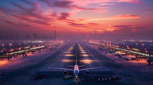 Illuminated Dubai International Airport at dusk, UAE 