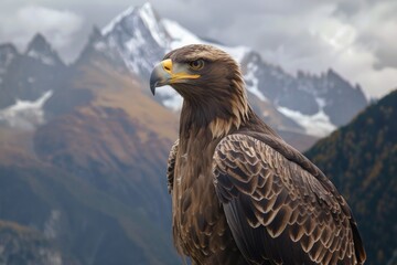 Obraz premium Golden eagle on a rock with mountains in the background