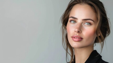 Beautiful young woman with blue eyes looking to the side on grey background in a fashionable portrait shot