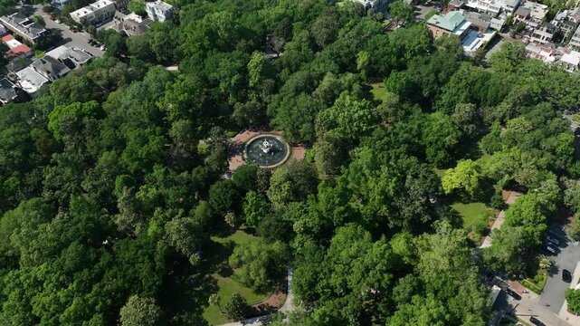 Aerial View Above Forsyth Park Panning Towards Downtown Savannah, Georgia