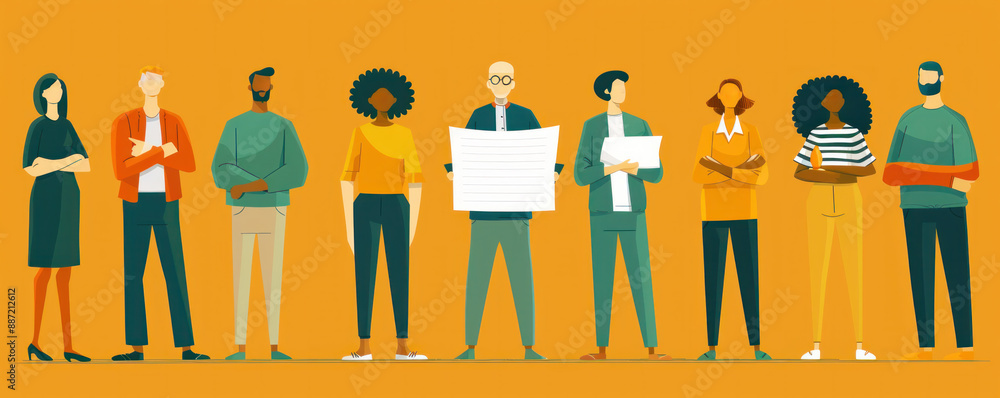 Poster a group of people standing in a line, some of them holding papers. concept of unity and collaboratio