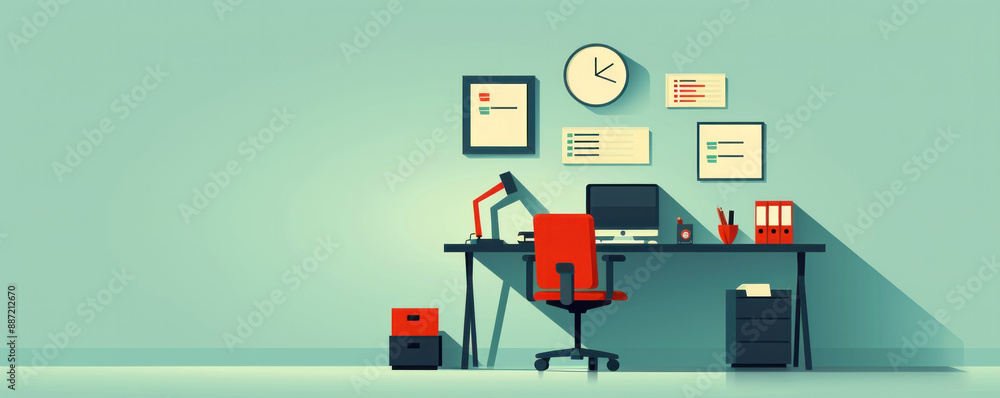 Poster a computer desk with a red chair and a clock on the wall. the desk is cluttered with papers and a co