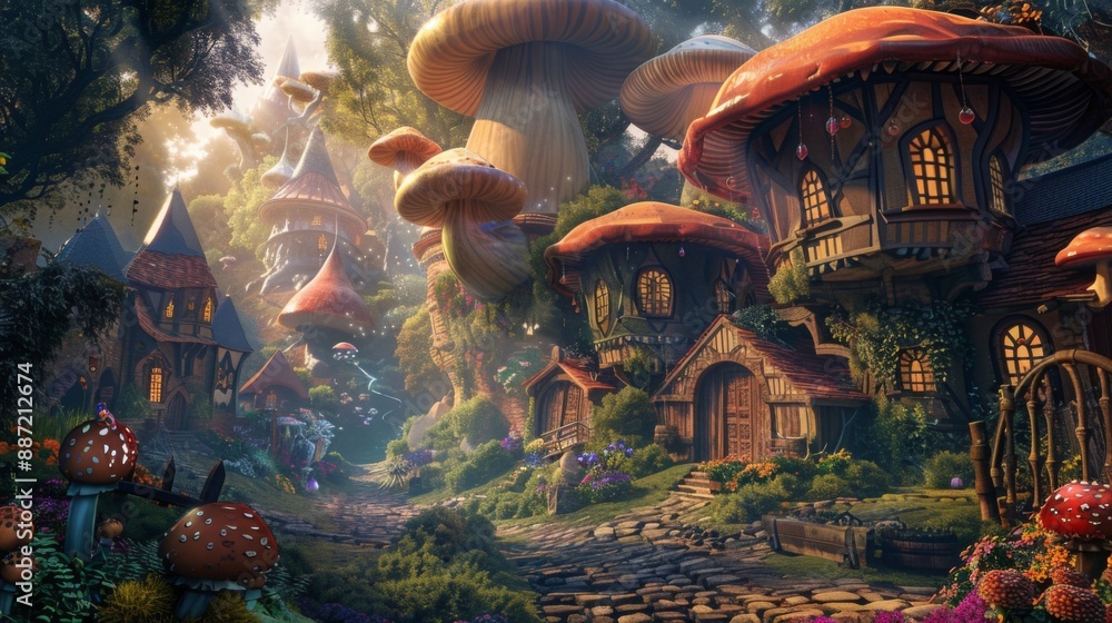 Poster a cobblestone path weaves through a magical forest to a charming village with mushroom houses, baski