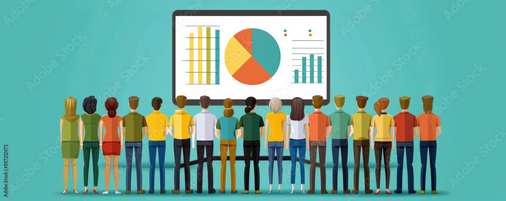 Poster a group of people are standing in front of a large monitor displaying a pie chart. the chart shows t