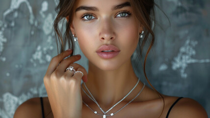 Beautiful model wearing and holding diamond ring and bracelets. necklace.