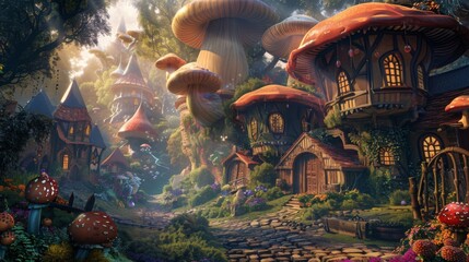 Obraz premium A cobblestone path weaves through a magical forest to a charming village with mushroom houses, basking in the warm glow of the sun's light on the windows
