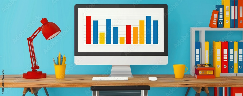 Poster a computer monitor displays a graph with colorful bars. the desk is cluttered with books and a lamp