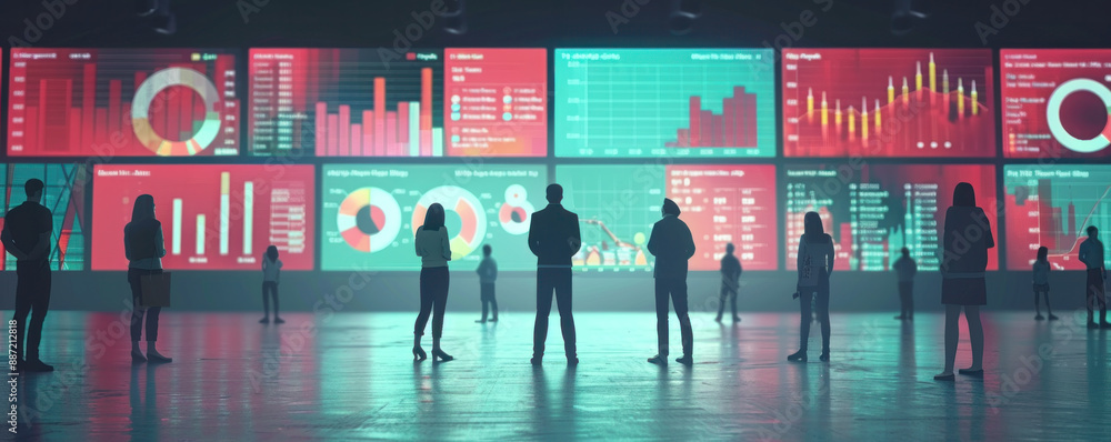Poster a group of people standing in front of a large screen with many graphs and numbers. scene is serious
