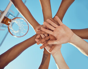 Teamwork, motivation and basketball player hand collaboration in support of a plan and game strategy. Below. huddle group in training or practice during competitive sport challenge at outdoor court